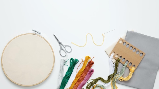 Flatlay embroidery supplies and patterns